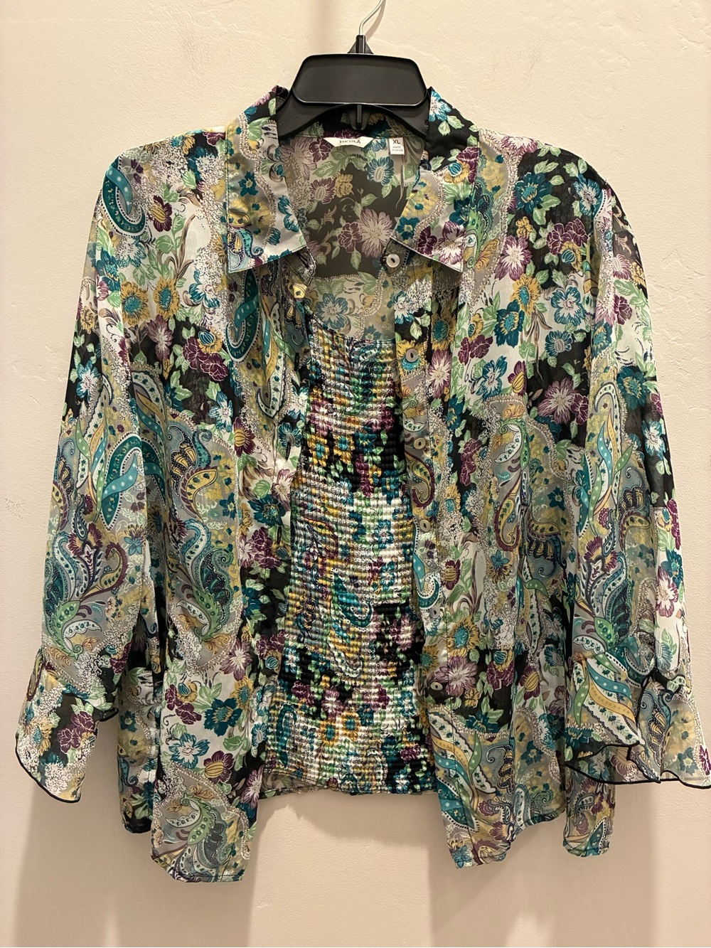 NICOLA Sheer Paisley Floral Button-Front Top in Teal, Purple & Cream